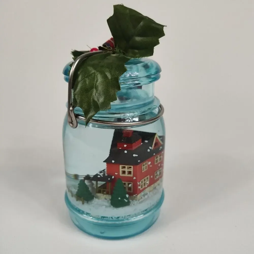 Vintage Enesco Plastic Mason Jar‎ Christmas House Snow Globe 1989